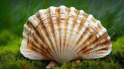 Close-up of a beautifully patterned scallop shell resting on lush green moss near a tranquil water body