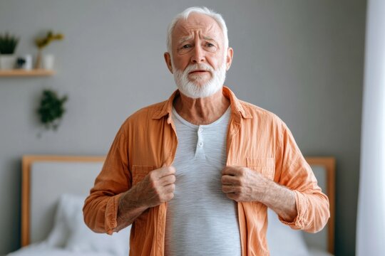 Elderly man struggles to button his shirt in bright bedroom setting