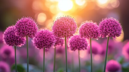 Sunset blossoms, vibrant purple allium flowers in field.  Perfect for greeting cards, blogs