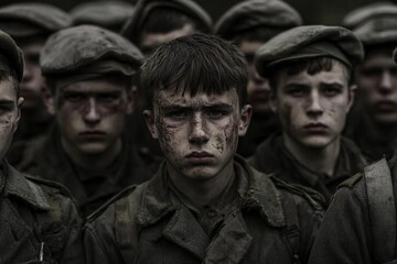 Obraz premium Young soldiers display exhaustion and determination in a somber military setting
