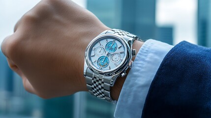 Close-up of a stylish wristwatch on a man's hand against a modern city skyline backdrop