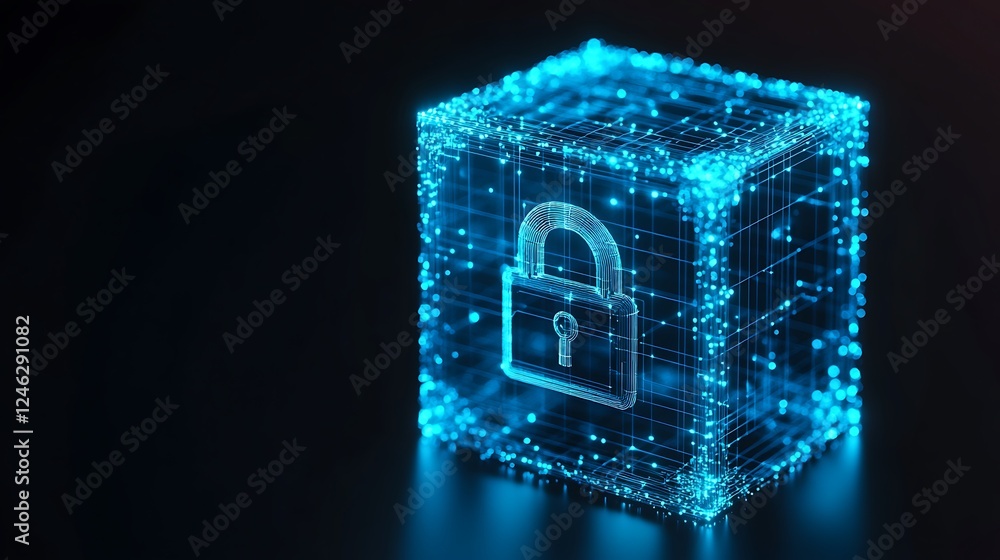 Poster 3d digital lock symbol encased in blue neon cube with particle effects representing cybersecurity an