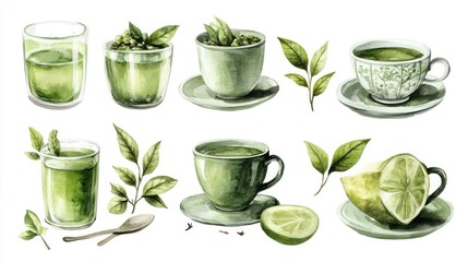 Watercolor matcha tea set with lime.