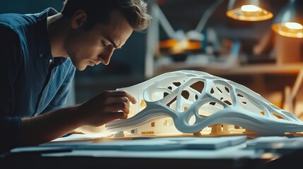A creative shot of a designer adjusting a model object of a futuristic building, with natural light streaming in.