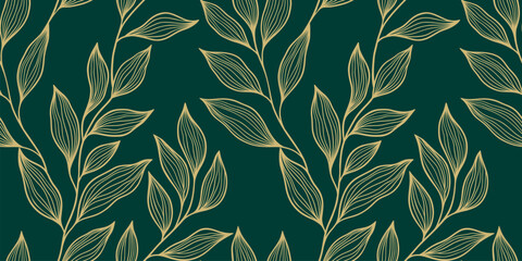 Green and Gold Hand Drawn luxury leaves branch seamless pattern. Floral Leaf Pattern background © vik_y