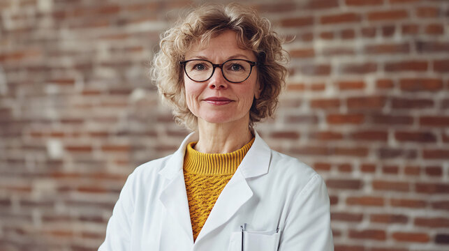 a confident middle-aged female doctor wearing a white lab coat and glasses standing in front of a rustic brick wall  
