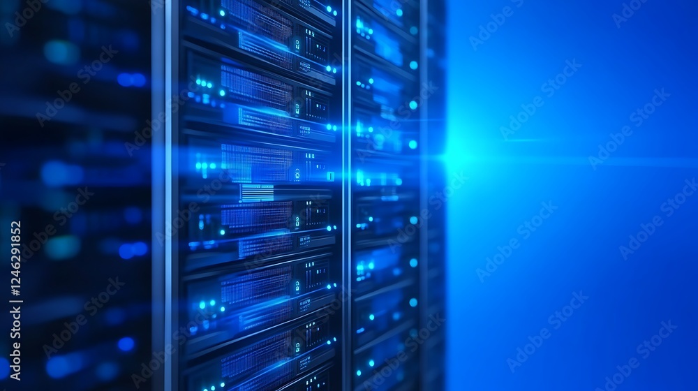 Poster advanced data center environment with bright blue led lights and modern server racks in background