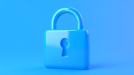 Blue 3D Lock on a Bright Blue Background Symbolizing Security, Protection, and Safety in Digital Space