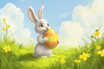 Cute cartoon bunny sits in a vibrant green meadow, holding a large decorated Easter egg. Bright yellow flowers and fluffy clouds surround the scene