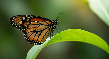 Obraz premium A close-up image of a monarch butterfly perched delicately on a green leaf, with vibrant orange and black wings, set against a soft, blurred background