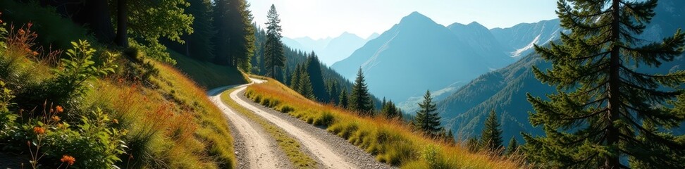 Fototapeta premium Curving track amidst towering trees and distant peaks , active lifestyle, sunshine, training
