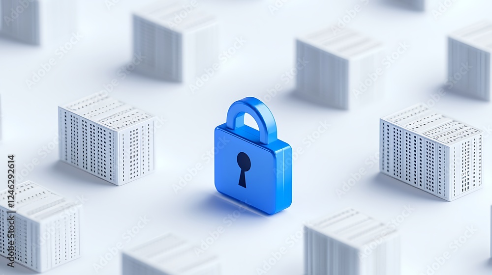Poster blue lock icon surrounded by data storage units representing security and protection in digital envi