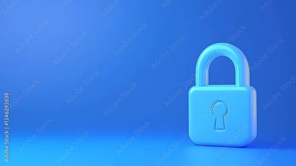 Poster blue lock icon representing security and privacy in a digital environment on a soft blue background