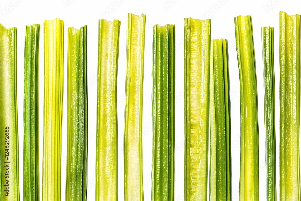 Aufkleber Fresh Celery Stalks Arranged in a Row on a White Background Creating a Vibrant Green Pattern