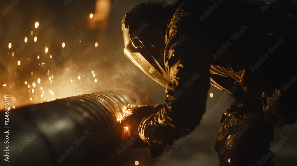 Poster dynamic close-up of welder working with sparks and shadows