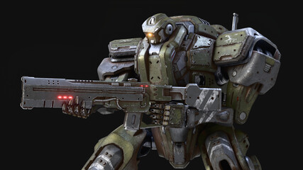 Portrait of sci-fi mech soldier in an attack pose holding an assault rifle with both hands. Concept big military robot warrior in heavy green, gray scratched metal armor. 3d render on dark background.