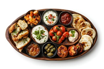 Delicious Middle Eastern Mezze Platter with Bread Dips and Vegetables on Wooden Tray