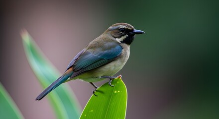 Obraz premium A small, colorful bird perched on a vibrant green leaf with a blurred natural background.
