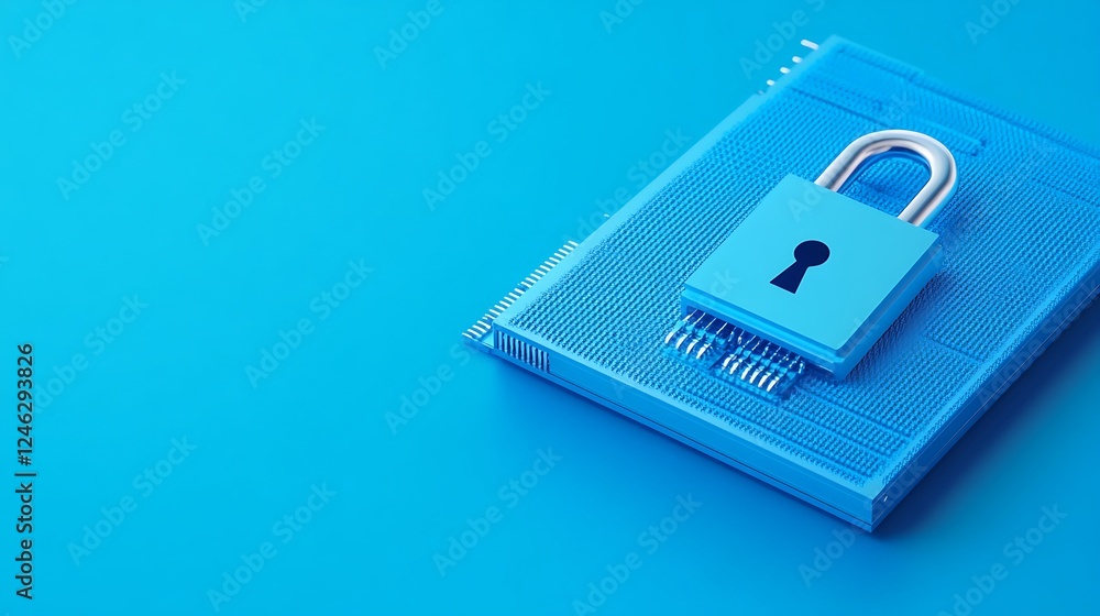 Poster blue padlock on computer circuit board representing cybersecurity and data protection concept in a m