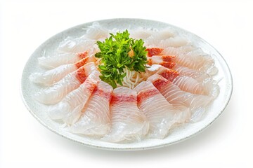 Fresh and Delicate Red Seabream Sashimi with Green Garnish on a Textured Plate Presentation