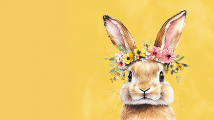 a hand-painted bunny with a flower wreath on its head set against a warm yellow backdrop in a charming artistic style  
