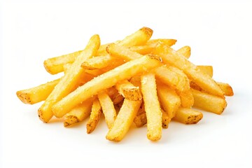 Golden pile of delicious french fries on a white background perfect for food photography