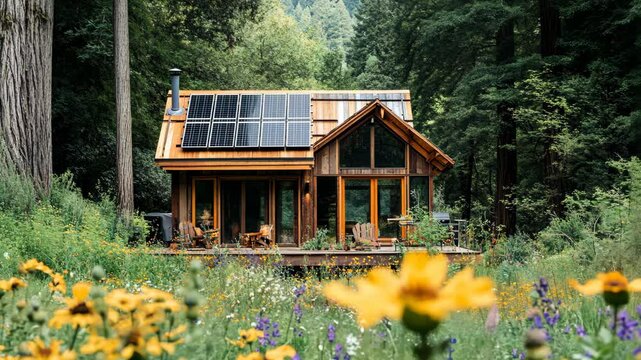 Cozy wooden cabin with solar panels surrounded by a lush forest and blooming wildflowers under natural daylight