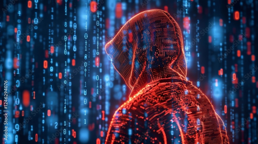 Poster mysterious figure in a digital landscape with cascading binary code and glowing elements in a dark e