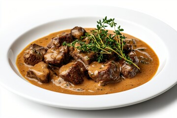 Delicious beef stroganoff with creamy sauce and fresh thyme on a white plate cuisine