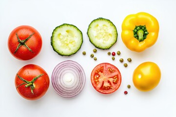 Fototapeta premium Fresh vegetables and spices arranged on a white background creating a vibrant food composition