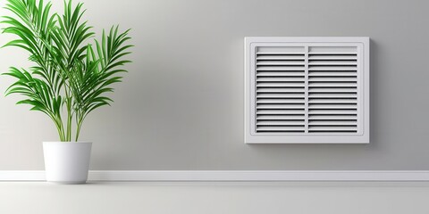 Furnace filters indoor air. A modern room featuring a white vent on a gray wall, adorned with a lush green potted plant, creating a fresh and clean aesthetic.