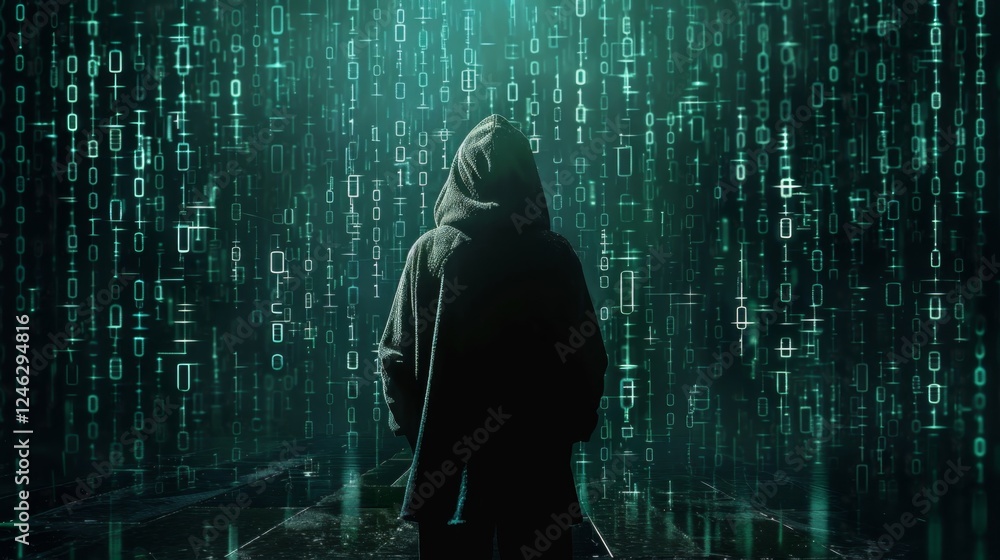 Poster exploring the virtual landscape of artificial intelligence through a hooded figure surrounded by flo