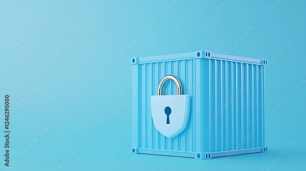 Poster blue storage container with lock on a clear background for concept of security and protection
