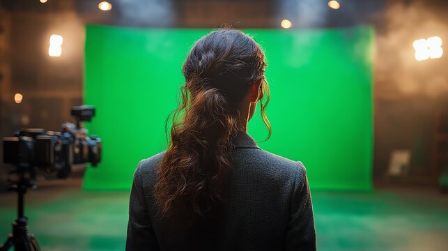 A woman stands before a green screen, preparing for a video shoot in a professional studio