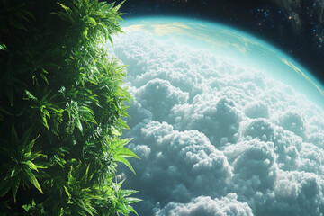 Obraz premium Earth surrounded by lush greenery and clouds in a vibrant, environmental representation