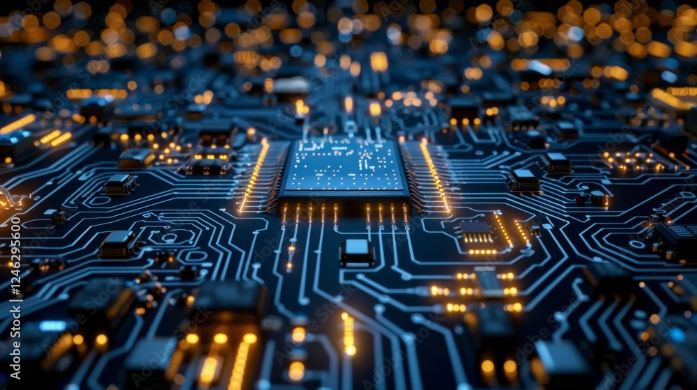 Poster close-up view of a complex circuit board highlighting intricate pathways and glowing components in a