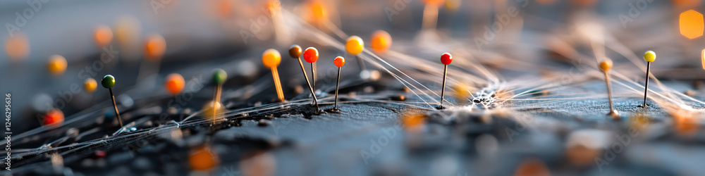 Poster network of colored pins and interconnecting threads