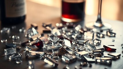 Pieces of broken glass with wine on table, space for text. Color tone effect. Generative AI