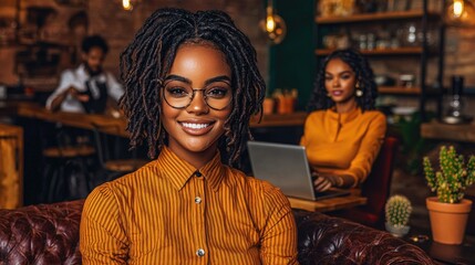 Obraz premium Woman with dreadlocks smiles in a cafe setting