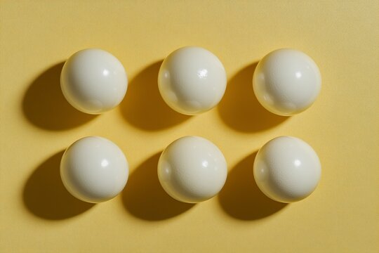 Six peeled eggs, yellow background, studio shot, food photography