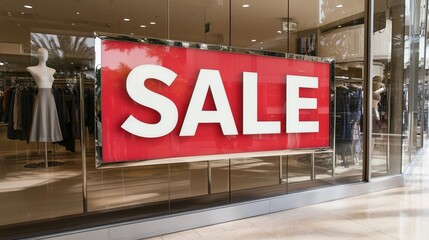A bold red SALE sign displayed on a storefront window, drawing customers' attention. Perfect for promotions, retail marketing, and seasonal discounts.