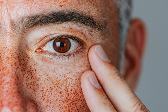 Close-up of a man showcasing a freckled face and expressive brown eye during a personal grooming session at home