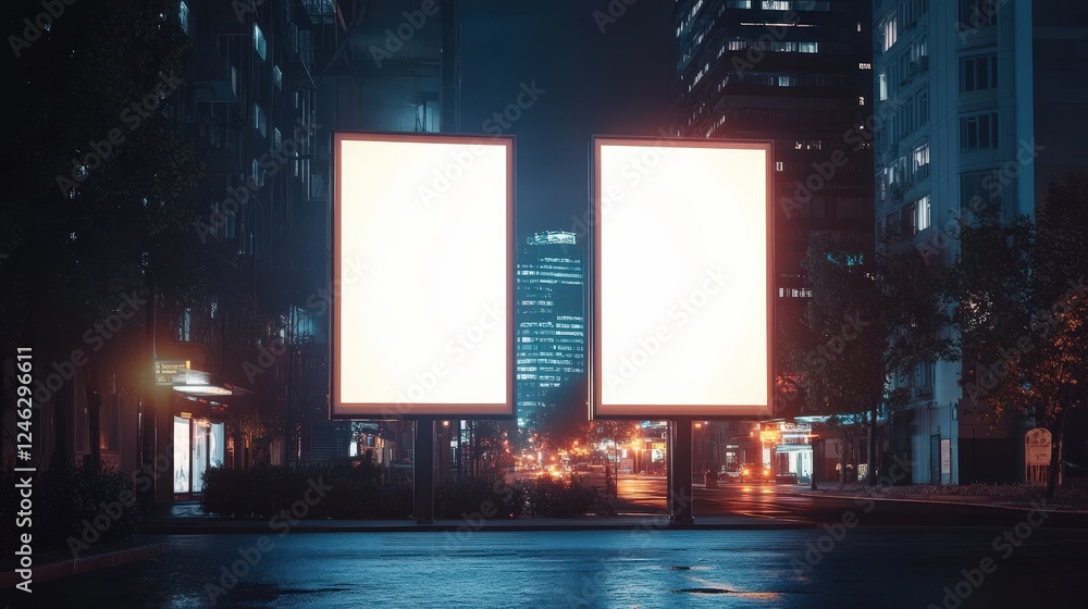 Poster generative ai mockup of two vertical digital billboards in a city night scene with empty light boxes