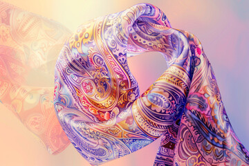 Fototapeta premium Silk cloth with elaborate paisley patterns in vibrant colors against a soft pastel background.