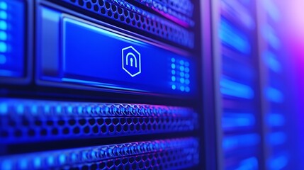 Close-Up of Server Rack with Blue LED Lights and Futuristic Design in a Data Center Environment