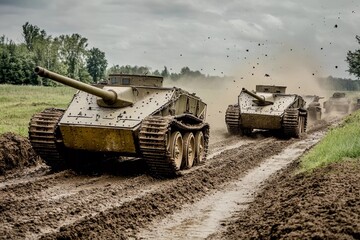 Obraz premium Historic deployment of early tanks on World War I battlefields exemplifies military innovation and strategy