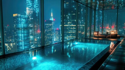 Fototapeta premium Indoor pool, nighttime city view, relaxing ambiance.