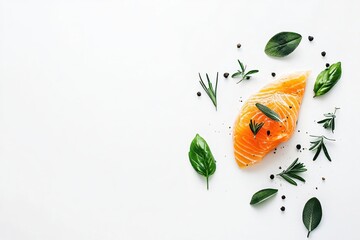 Fresh Salmon Fillet with Aromatic Herbs and Pepper on White Background for Culinary Delight