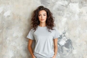 Confident woman showcasing modern gray slim fit mockup t-shirt against textured concrete wall in soft studio lighting