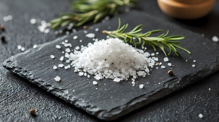 Fresh rosemary sprigs and coarse sea salt arranged in a diagonal pattern on a dark slate board, creating a unique artistic display.